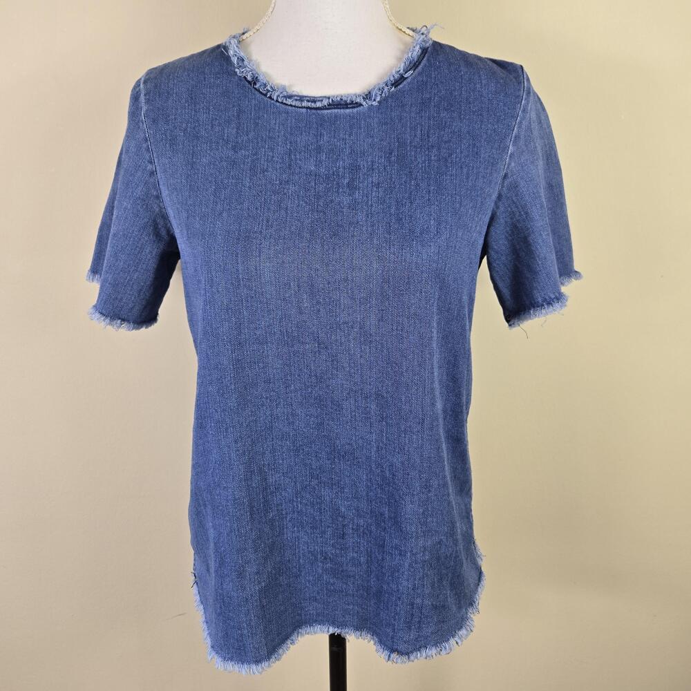 Wilfred Free Top Womens Small Blue Denim Short Sleeve Frayed Hem Crew Neck Tee